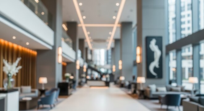 A blurred photograph captures the interior of a modern hotel lobby. The image showcases a long, spacious hallway with a high ceiling and a series of recessed lights.
