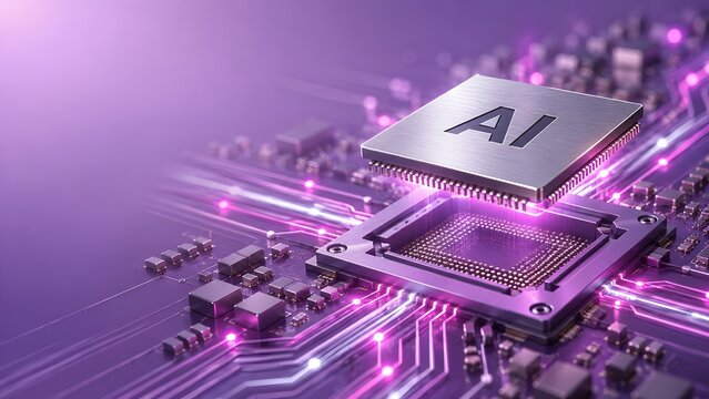 Macro view of an artificial intelligence microchip integrated into a glowing purple futuristic motherboard