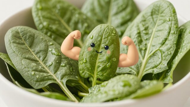 Happy Green Leaf Character with Muscles in a Bowl of Fresh Spinach