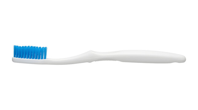 White toothbrush with blue bristles on transparent background