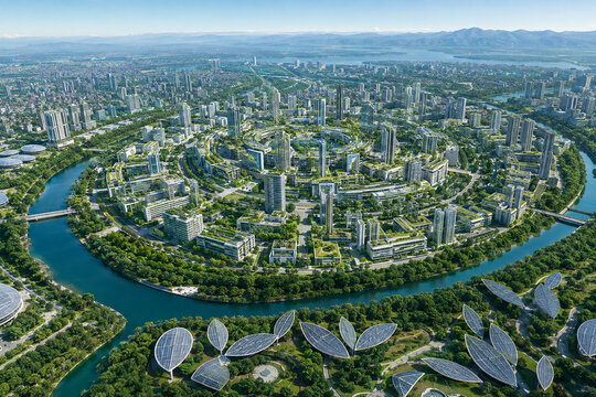 Aerial view of fictional utopian eco metropolis