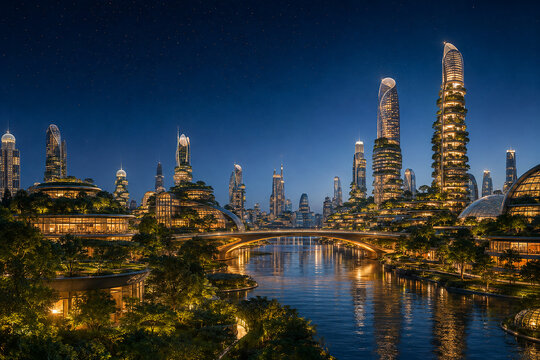 Renewable night river city in fictional utopian future