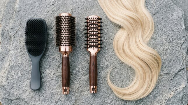 Three different hair brushes and a long blonde hair extension placed on a textured grey stone background