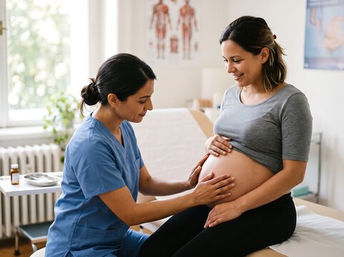 Female healthcare professional performing prenatal exam in clinic