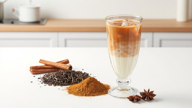 Delicious Chai Latte with Spices and Ice in Glass on White Table