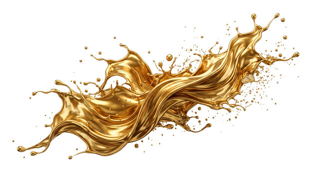 Dynamic liquid gold splash flowing wave with luxury shiny molten metal drops and elegant swirl isolated on white background
