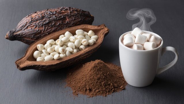 Cozy Hot Chocolate with Marshmallows and Cocoa Pods on a Table