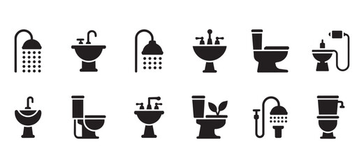 Obraz premium Set of black bathroom fixtures and hygiene elements on transparent background, including toilet, sink, shower, toothbrush, and soap dispenser.