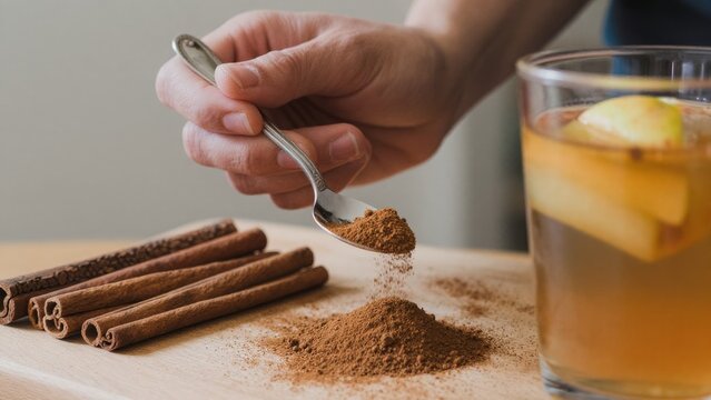 Close-up of Hand Sprinkling Cinnamon Powder Over Drink