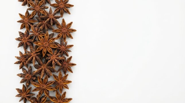 Star anise spice pods arranged in a vertical border pattern isolated on white background