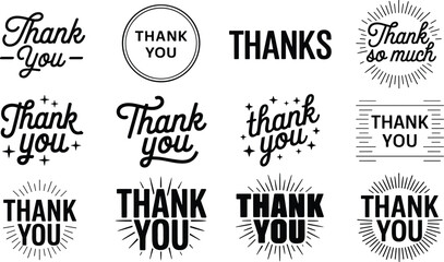 Obraz premium Collection of twelve thank you typography featuring various script and bold fonts with decorative like stars and sunbursts.