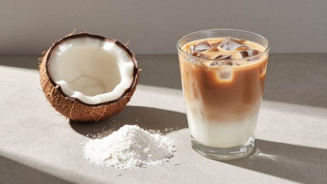 Refreshing Coconut Coffee Drink with Coconut Shell and Sugar Powder