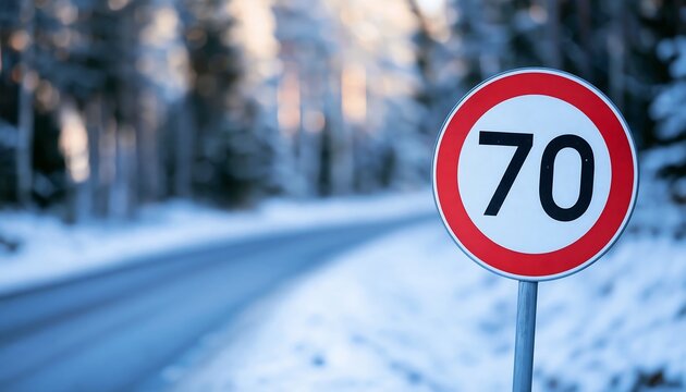 Speed limit 70 sign on snowy winter forest road