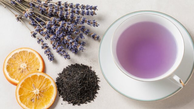 Lavender Tea with Orange Slices and Loose Tea Leaves on Table