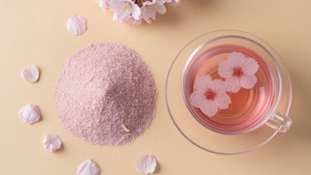 Delicate Pink Powder and Flower Tea on Soft Yellow Background