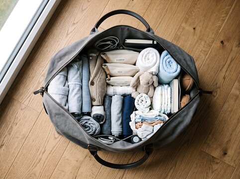 Baby travel bag packed with essentials on wooden floor