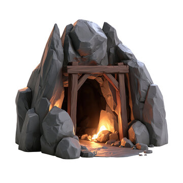 Stylized 3D mine entrance with wooden support beams and glowing interior light