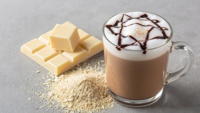Cozy Hot Chocolate with White Chocolate Squares and Cocoa Dust