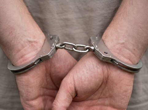 Close up of hands restrained in metal handcuffs