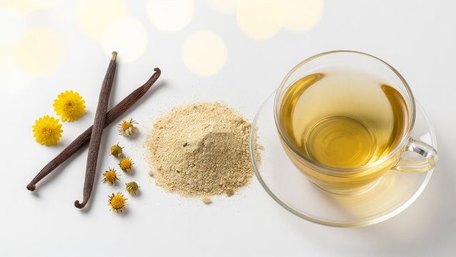 Herbal Tea with Vanilla Pods and Floral Ingredients on White Background