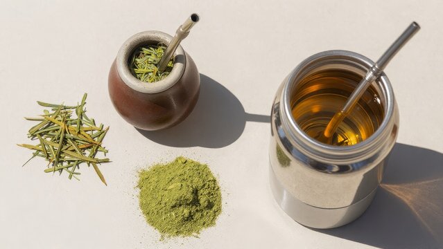 Green Herbal Tea Preparation with Ingredients and Tools on Table