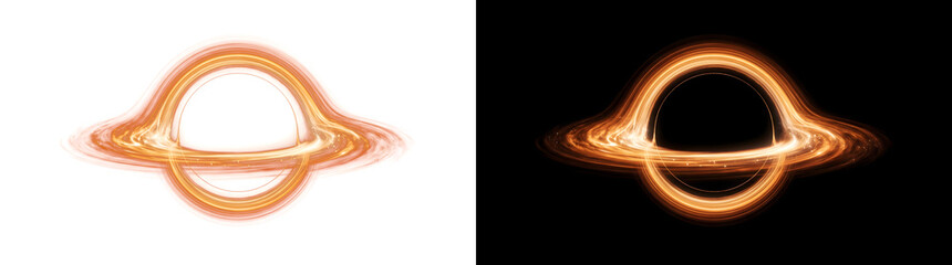 Black Hole orange accretion disk illustration with glowing gravitational rings for astronomy and science content in PNG, Transparent and Black Background Versions © Crafter