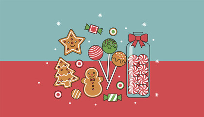 Fototapeta premium Festive flat lay arrangement of Christmas sweets, decorated gingerbread cookies, colorful lollipops, and a candy jar.