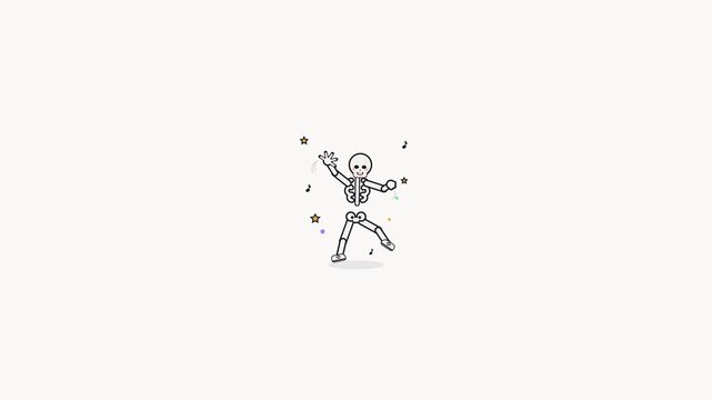 Cute animated line art skeleton dancing happily with music notes and stars on light background