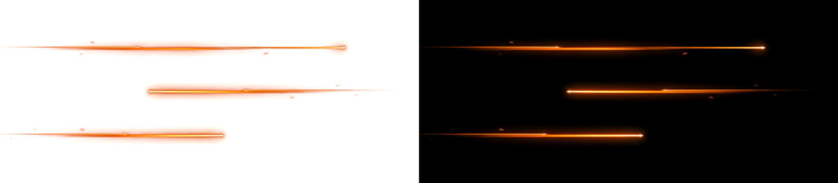 Speed Streak orange motion lines with glowing trailing light rays for high energy design projects in PNG, Transparent and Black Background Versions