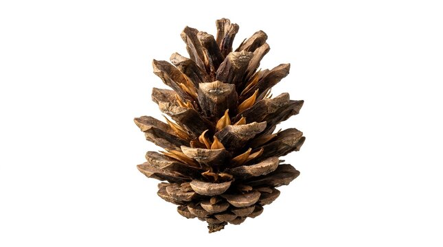 A single brown pine cone isolated on a clean white background for seasonal nature and holiday design