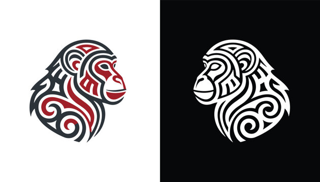 Two stylized chimpanzee head portraits featuring intricate tribal tattoo designs in color and black and white versions.