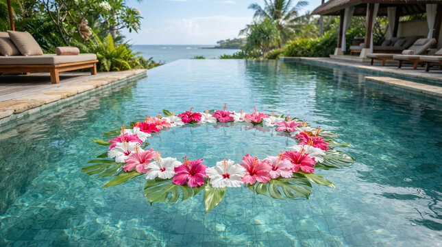 Tropical Pink Hibiscus Flowers Floating Wreath Circle in Swimming Pool at Luxury Villa Resort