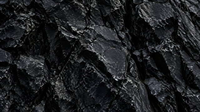 Dark black rock texture with rugged layered stone surface and dramatic natural details abstract geological background for mining material geology construction and industrial design