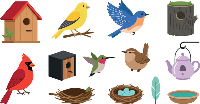 Backyard birds vector icon set featuring flat cartoon illustrations of red cardinal bluebird hummingbird yellow canary birdhouses birdbaths and egg nests