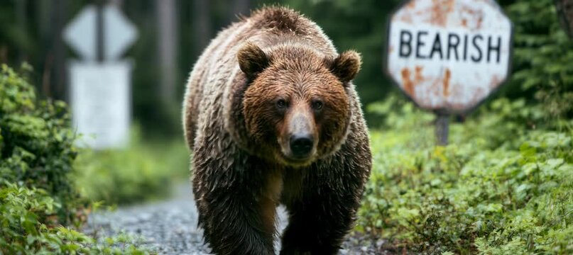 Bear approach with bearish sign. Business stock market downfall. Generative video AI technology.	
