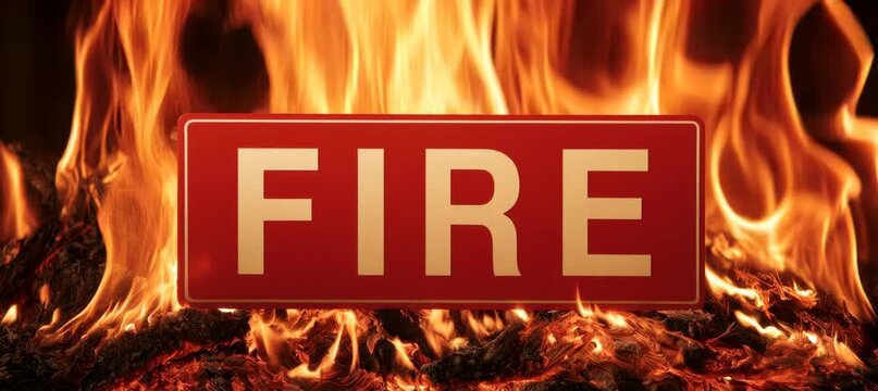 Fire word warning sign with burning fire background. Flammable hazard risk. Generative video AI technology.	
