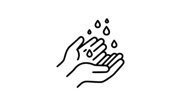 Cupped hands and water droplets handwashing hygiene outline icon vector illustration