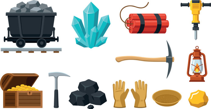 Mining industry vector icon set featuring flat cartoon illustrations of mine cart crystal dynamite jackhammer pickaxe treasure chest and coal elements