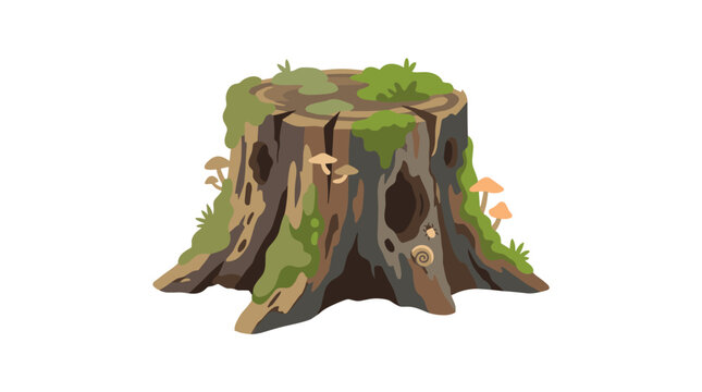 Old mossy tree stump with mushrooms and forest insects isolated on white background in flat vector cartoon style