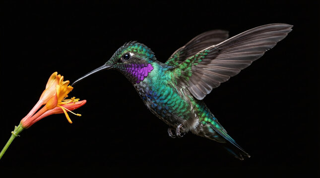 Hummingbird Hovering Near Orange Flower Isolated on Black Background