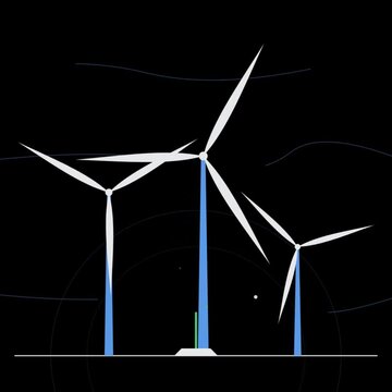 Modern wind turbines generate clean renewable energy, rotating blades on blue towers against black background.