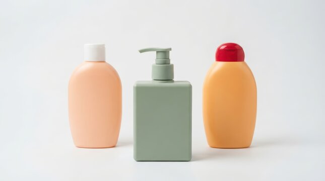 Three cosmetic bottles with different caps isolated on white background