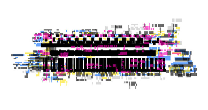 Glitch graphic element features abstract digital corruption patterns in black and CMYK colors on a white background.