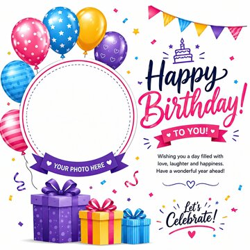 Colorful birthday greeting card design with balloons and gift boxes on white background