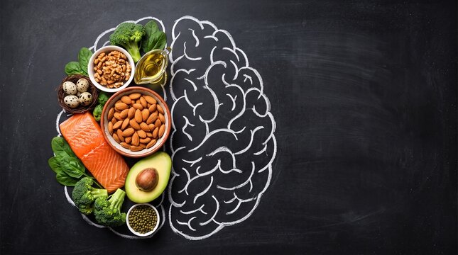 Healthy brain food arranged inside a chalk drawn outline on blackboard featuring salmon walnuts avocado broccoli spinach eggs and olive oil for better cognitive nutrition