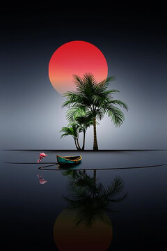 Tropical Sunset Minimalist Landscape with Palm Trees, Boat, and Flamingo