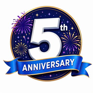 Fifth anniversary celebration badge with fireworks design isolated on white background