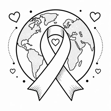 Awareness ribbon with earth globe and hearts illustration in black and white line art style
