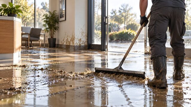 Worker cleaning flood water and mud from office floor with broom