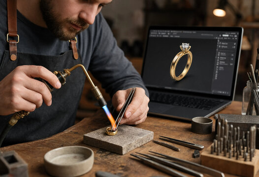 Master jeweler works with flame on a ring